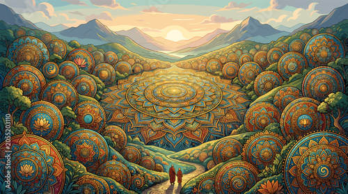 Canvas-taulu Vibrant spiritual landscape with intricate mandala patterns, rolling hills, and a serene sunset over distant mountains, featuring two figures on a path