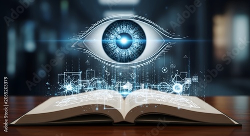 Futuristic digital eye hovering over open book, artificial intelligence and machine learning concept, glowing cybernetic eye scanning information