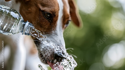 Dog drinking from a natural water source with splashing droplets, representing hydration, outdoor activity and animal wellbeing during warm weather