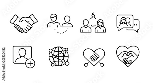 Social network and business partnership line icon set