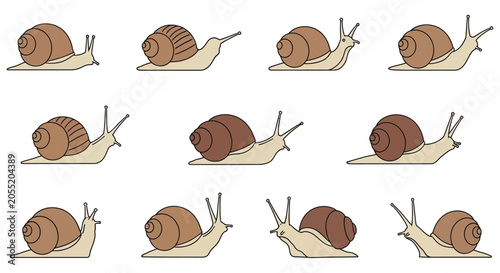 Bild auf Leinwand Line art snails in varying poses a repeating vector illustration