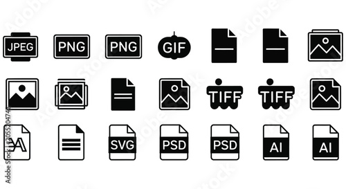 Fotografie File Format Icons Black Silhouette On White Background