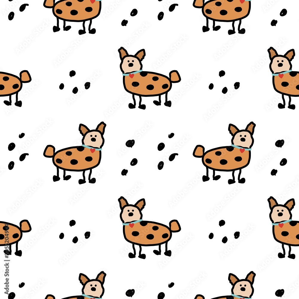 Fototapeta premium Cute Hand Drawn Spotted Dog Pattern on White Background