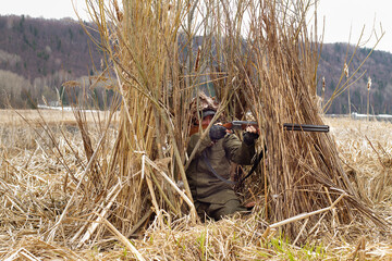 A duck hunter shoots from a camouflage shelter