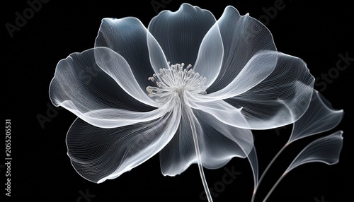 White Transparent Flower In X Ray Style On A Black Background Minimalistic Monochrome Botanical Design