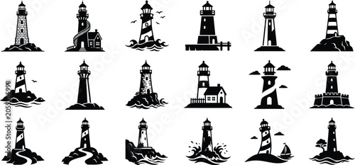 Set of black lighthouse icons showing various maritime navigation towers isolated on a white background.