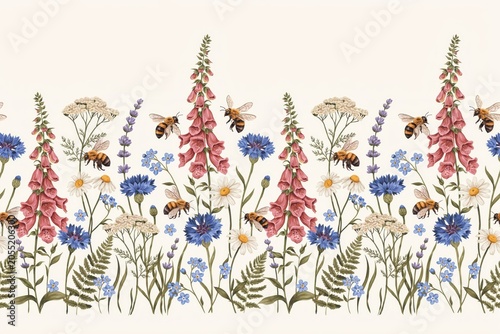 Seamless pattern featuring a horizontal border of colorful wildflowers including foxgloves, cornflowers, daisies, and lavender with bees