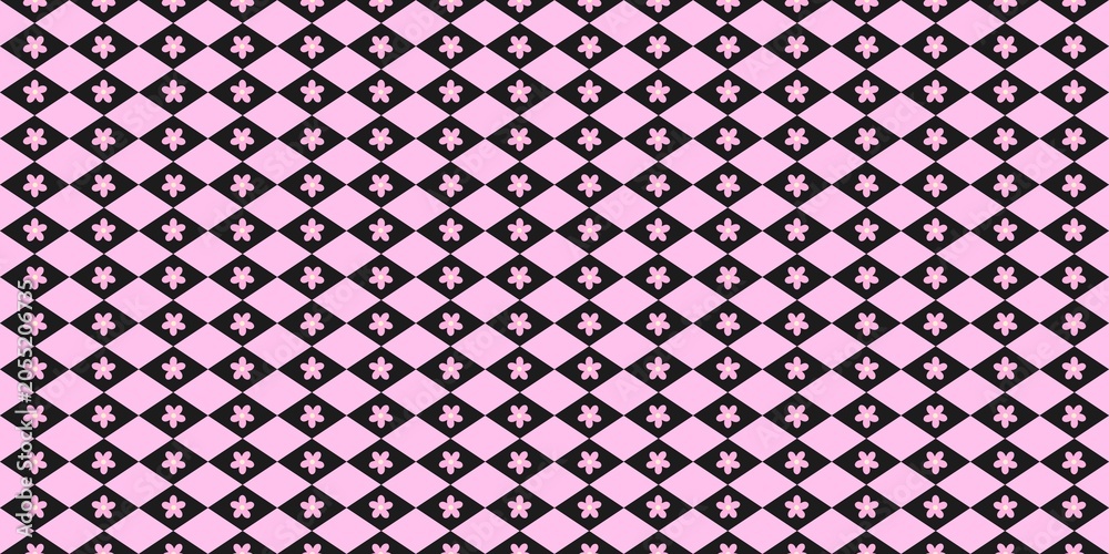 Fototapeta premium Seamless argyle pattern with pink and black diamonds. Girly harlequin pattern background for fabric, wallpaper, wrapping paper, and textile design.