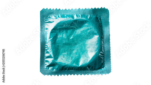 Fotografia Isolated teal blue condom in sealed protective wrapper for safe sex and contrace