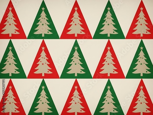 Christmas Trees in Red and Green Triangles on Beige Background