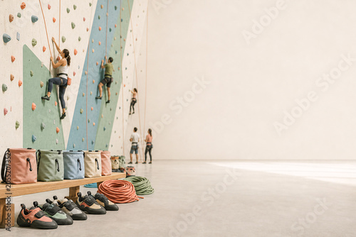 Indoor climbing gym with multiple people practicing rock climbing training