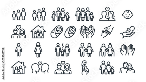 Konstfotografi Set of black line icons depicting people and family relationships on white backg