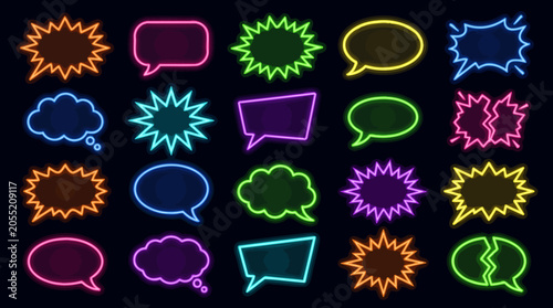 Collection of colorful neon speech bubbles and comic explosion shapes on a dark background.
