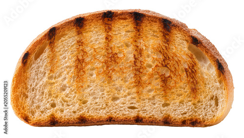 Quadro su tela Isolated toasted bread slice with dark grill marks, crispy golden brown texture,