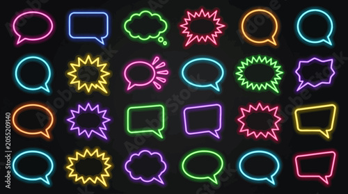 Collection of colorful neon speech bubbles and thought bubbles on a dark background.