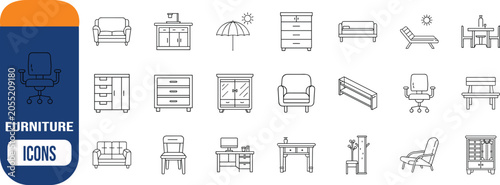 Home and office furniture vector icons. sofa icon set, chair icon set, desk icon set