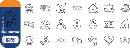 Insurance policy protection vector icons. umbrella icon set, house icon set, car icon set