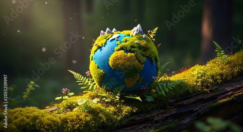 Small Earth Globe in Forest Moss for Environmental Sustainability