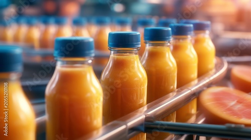 Fresh Bottles of Orange Juice in a Beverage Production Line