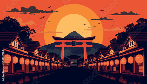 Traditional Japanese Landscape Illustration Featuring a Red Torii Gate, Mount Fuji, and a Scenic Village Street with Glowing Lanterns at Sunset, Perfect for Travel and Cultural Backgrounds