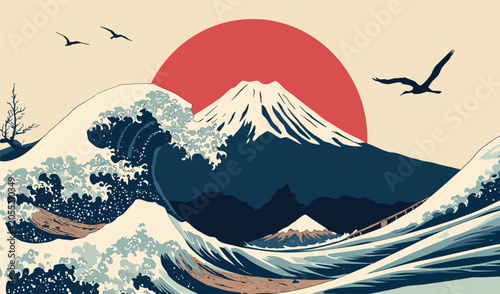 Japanese Great Wave Vector Illustration featuring Mount Fuji and a Red Sun Background. Authentic Ukiyo-e Style Art for Travel, Culture, and Vintage Posters. High-Quality Graphic Design.