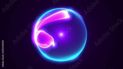 Glowing neon sphere with blue and purple energy waves on a dark background, creating a futuristic abstract technology visualization.