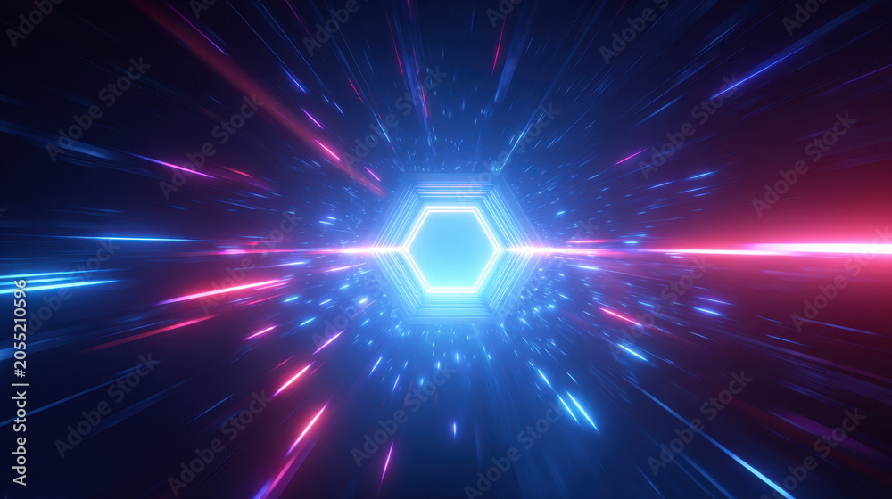 Fototapeta premium Futuristic data tunnel with glowing neon blue light and radiant speed streaks in abstract technology background