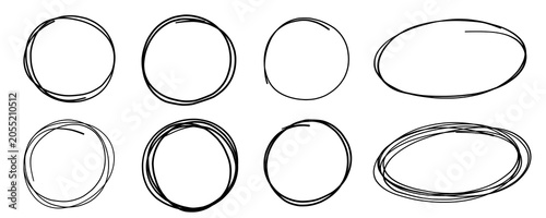 set of various drawn circles and round highlight frames drawn by a black line isolated on white or transparent png