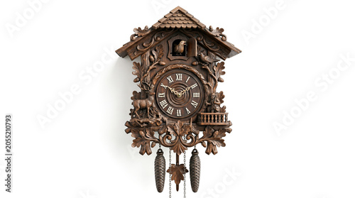 Traditional carved wooden cuckoo clock antique wall timepiece isolated plain white background vintage clockwork mechanism rustic home decor beautiful object wood carving