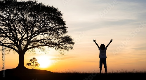 Person Celebrating Success Under Tree at Sunset