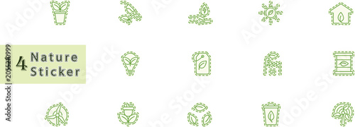 Fotografie Eco friendly nature sticker collection featuring fourteen distinct green thin line icons depicting renewable energy sustainable lifestyle plant growth waste management environmental care