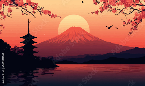 Foto Stunning Japanese Landscape Vector with Mount Fuji, Traditional Pagoda Silhouett