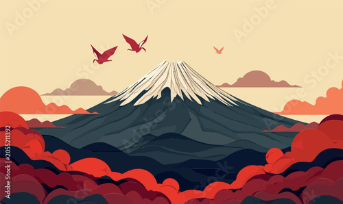 Minimalist Vector Illustration of Mount Fuji with Snow-Capped Peak, Flying Cranes, and Red Clouds in Traditional Japanese Art Style for Travel Posters and Scenic Backgrounds.