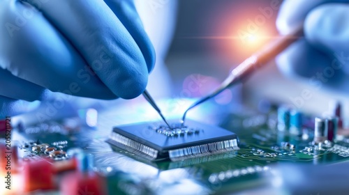Technician Performing Microchip Installation on Circuit Board in Laboratory