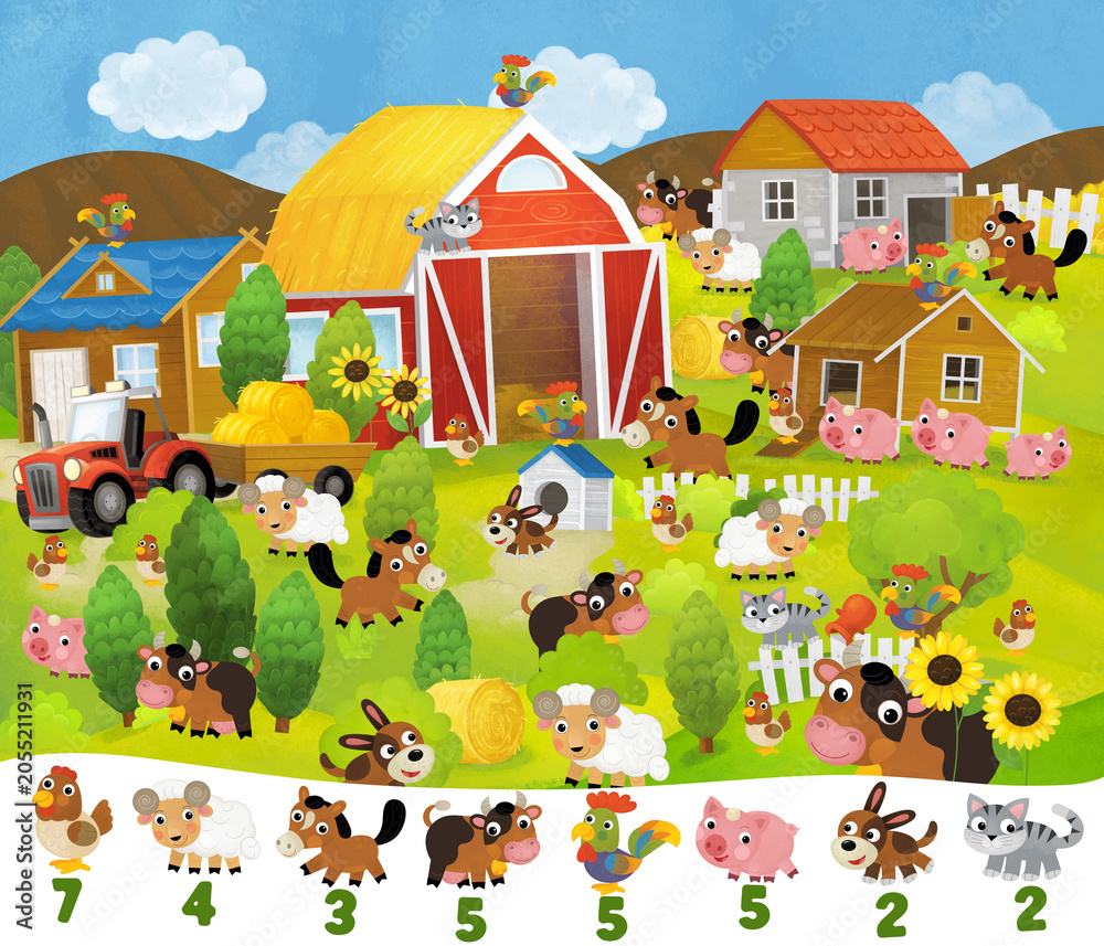 Naklejka premium cartoon summer scene with farm ranch enclosure backyard garden game of spotting elements illustration for children
