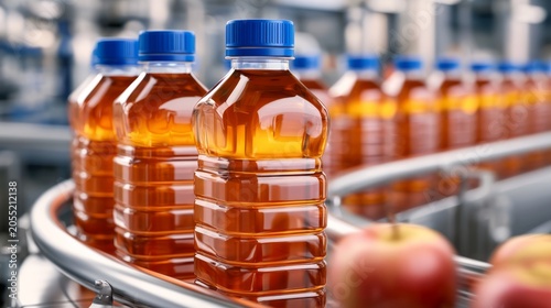 Bottled apple juice on conveyor belt in factory setting