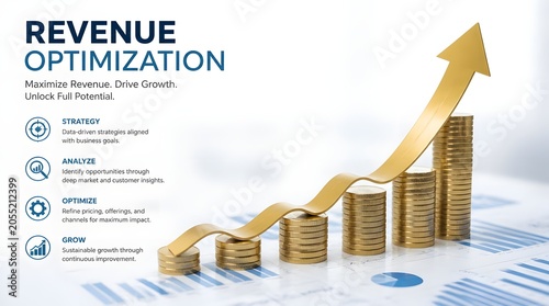 Revenue optimization business infographic, 3D professional corporate graphic, Financial growth and strategic analysis, Rising gold arrow over coin stacks