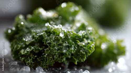 Macro close up shot of fresh green kale leaves covered with morning dew drops, healthy food. superfood.