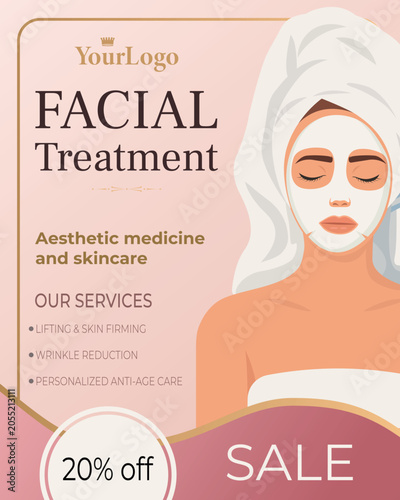 ​Vector design template of a beauty clinic flyer or banner. Includes an illustration of a woman with a cosmetic face mask and towel. Perfect for skincare, aesthetic medicine and spa salon promotion