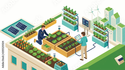 Foto Urban rooftop garden with people tending to plants and technology