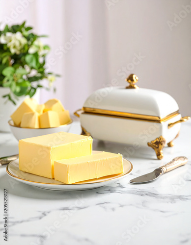 An elegant, luxury butter set arranged on a polished marble countertop in a well-lit kitchen setting.