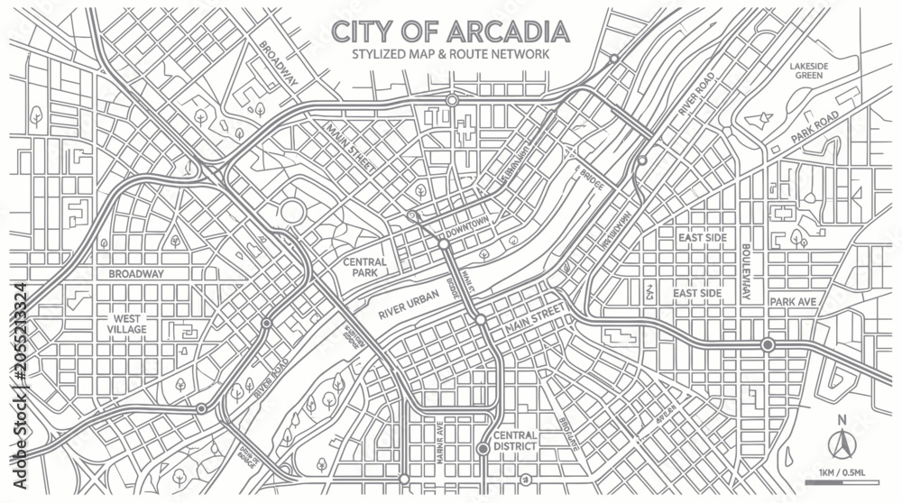 Obraz premium Stylized City Map of Arcadia, Route Network, Urban Grid, Street Plan, Vector Illustration
