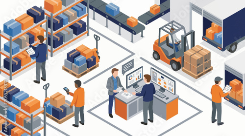 Warehouse logistics and supply chain management operations illustration.
