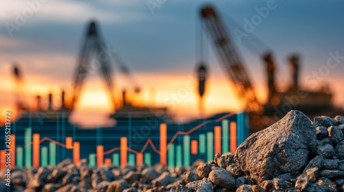 Industrial construction site with cranes and data overlay during sunset
