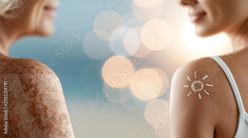 Young and mature women with sunscreen symbol on shoulder, representing daily UV protection, skin cancer prevention and healthy skincare routines