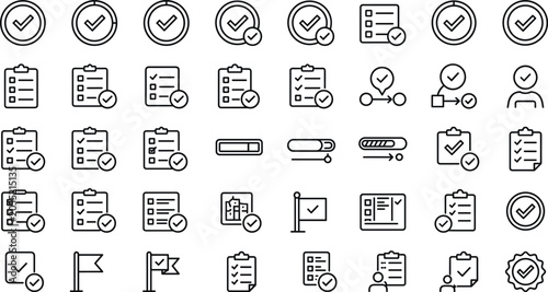Fotografie Project management and task completion line icon set featuring clipboard checkli