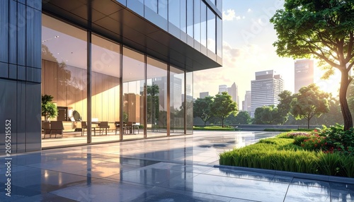 Modern Office Building Exterior with Glass Facade and Green Plaza at Sunset