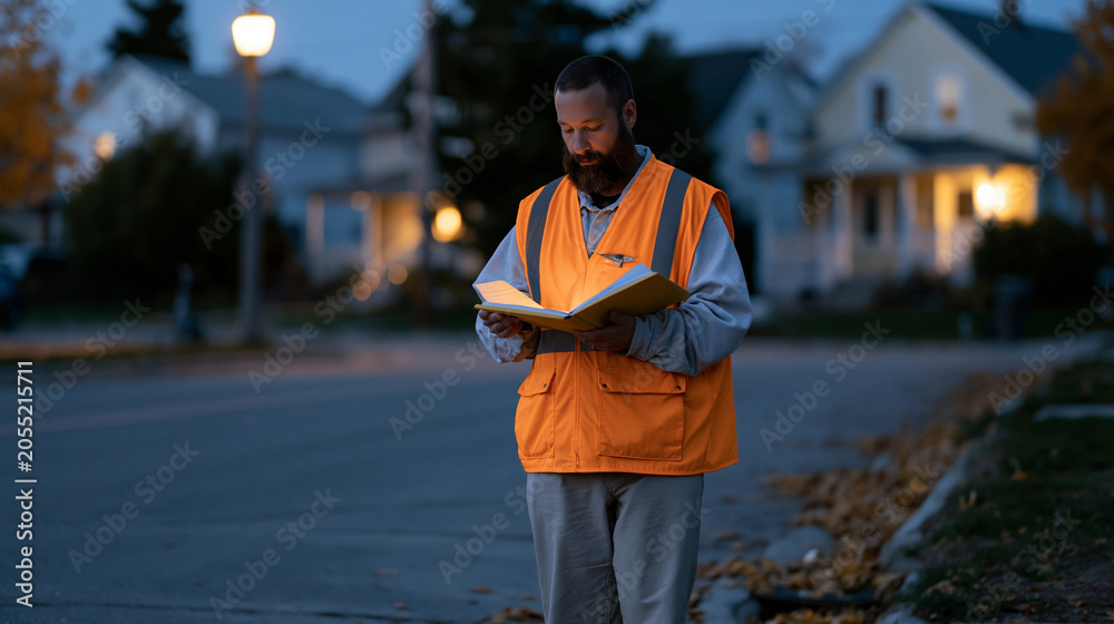 Fototapeta premium Neighborhood watch volunteer illuminated by single streetlamp at twilight blue hour, walking patrol route with logbook in hand, quiet residential street behind, autumn leaves