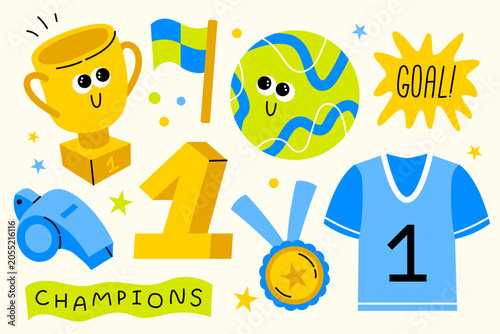 Cute Sports Champion Clipart Set with Trophy, Medal, Jersey, Whistle and Number One, Hand Drawn Vector Collection