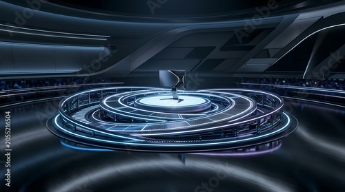 Futuristic Product Launch Stage with Illuminated Rings